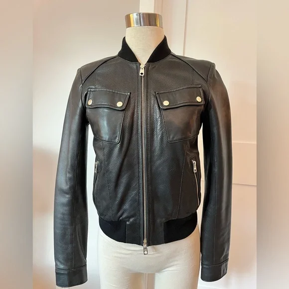 Black Leather 😎  Bomber Jacket with Pockets - Picture 2 of 13